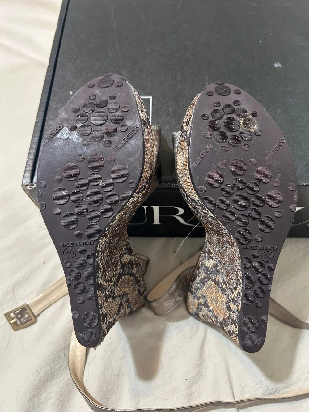 Jimmy Choo Pewter Metallic Snakeskin-Print Wedge Sandals